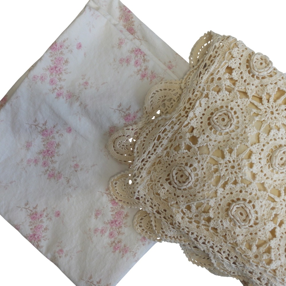 Farmhouse Rachel Ashwell Pillowcase Floral Pink Queen Crochet Shabby Chic‎ Set